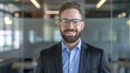 Poster - Professional man smiling in an office setting, wearing glasses and a suit.