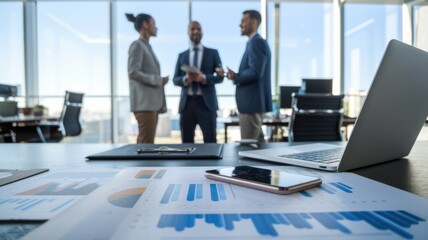 Poster - Business meeting with charts and discussions in a modern office setting.