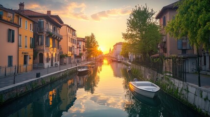 Sticker - Sunset over canal, Italian town, boats moored.