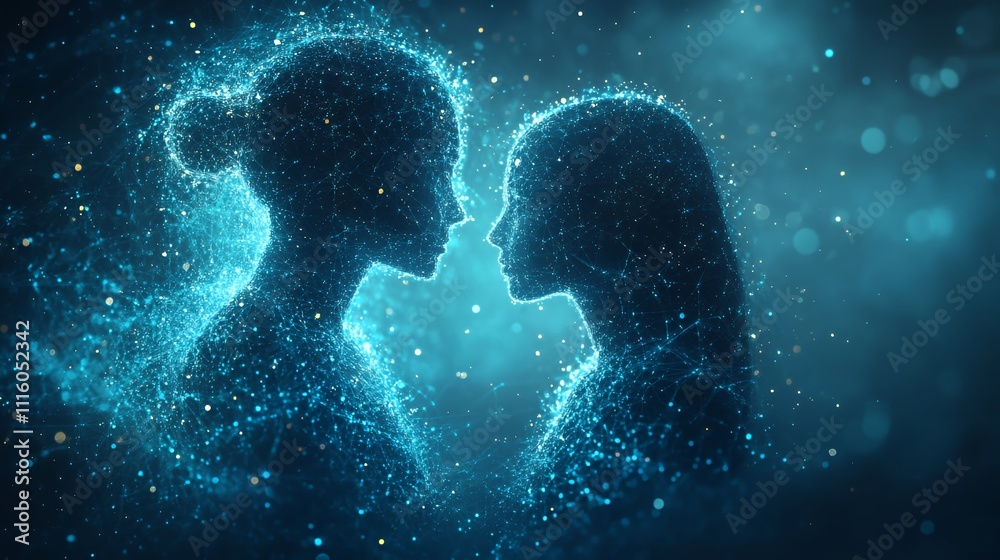 A digital illustration of two silhouettes facing each other, surrounded ...