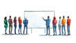 © Sascha - A clean and simple corporate illustration depicting a small group of people engaged in a collaborative discussion around a large whiteboard. Generative AI