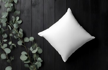 Fototapete - White pillow mockup on dark wooden floor