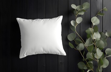 Poster - White pillow mockup on black wooden floor