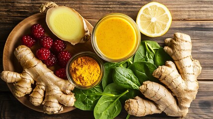 Wall Mural - A smoothie made from immune-boosting ingredients such as ginger, turmeric, spinach, and berries, placed on a wooden table 