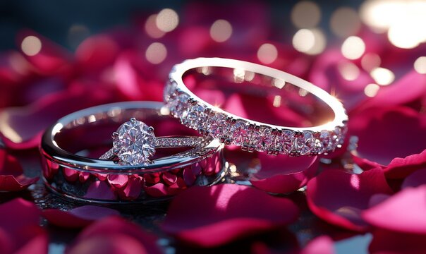 3D diamond wedding rings placed on a bed of rose petals, with sunlight reflecting off the diamonds