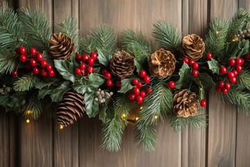 Wall Mural - Elegant holiday garland with pine cones and berries illuminated by warm lights