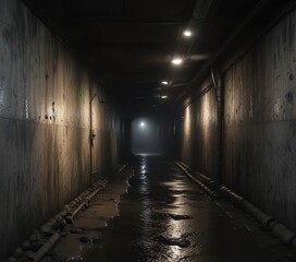 dark narrow sewer tunnel with damp walls and faint light from a distant exit , water, lit