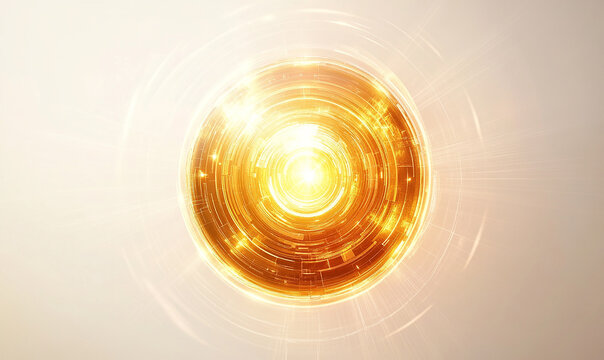 A futuristic and high-tech logo featuring an abstract, circular design with golden light beams emanating from its center on a white background