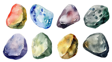 Poster - A collection of watercolor-painted stones in various colors and textures, showcasing artistic representation and natural beauty.