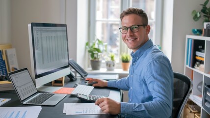 Poster - A smiling man working at a desk with computers, papers, and plants in a bright office space.