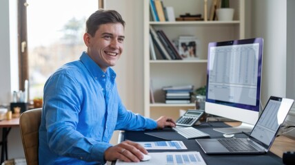 Poster - A man working at a desk with multiple screens, smiling and engaged in his tasks.