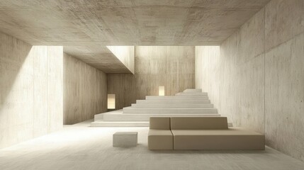 Wall Mural - Minimalist Concrete Interior Design with Beige Sofa and Steps bathed in Natural Light