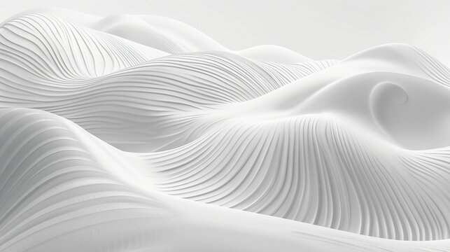 Abstract Digital Artwork of Glossy White Flowing Waves with Minimalist Monochromatic Aestheticc