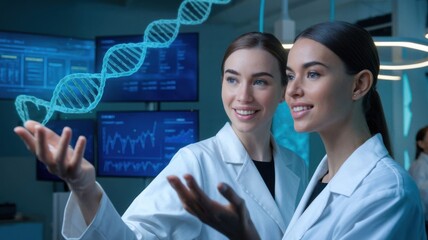 Poster - Two scientists examining a DNA model in a modern laboratory setting.