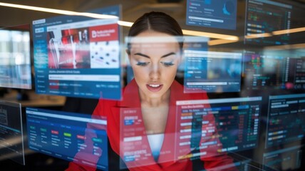 Poster - A professional woman analyzes data on multiple screens in a modern office setting.