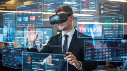 Poster - A businessman using virtual reality technology to interact with data displays.