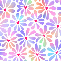 Fototapete - Vector groovy style chamomile seamless pattern. Holographic gradient flowers with a heart shaped core on white background. Floral print for Valentines day wallpaper, fashion design, decor, cover.