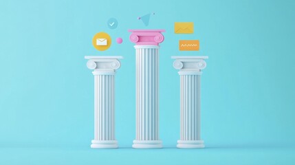 Aufkleber - Three Pillars of Communication Success: Email Marketing Strategy Visualized with 3D Rendered Columns and Icons