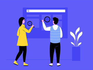 Poster - two people using magnifying glasses to search information online with search bar on large interactiv