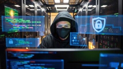 Poster - A hooded figure works on a computer in a server room, focused on cybersecurity tasks.