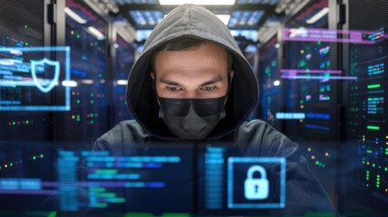 Poster - A person in a hoodie and mask working on a computer in a server room with digital interfaces.