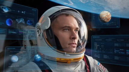 Poster - An astronaut gazes into space with digital data displays of planets and celestial bodies.