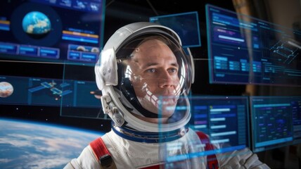 Aufkleber - an astronaut in a helmet observes digital screens displaying data in space.