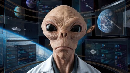 Poster - A humanoid alien in a lab coat surrounded by holographic displays of planets and spacecraft.