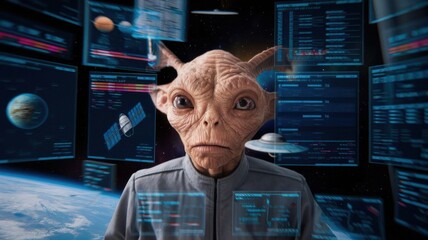 Aufkleber - an alien figure interacts with futuristic technology and data displays in a space environment.