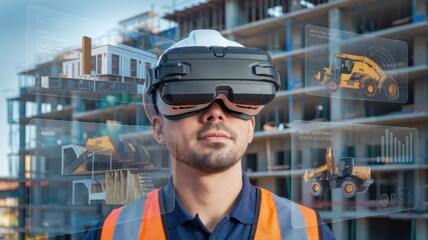 Poster - A construction worker using augmented reality glasses on a building site.