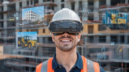 Poster - A construction worker using virtual reality technology on a building site.