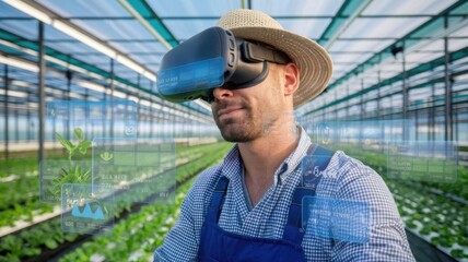 Poster - A person using virtual reality in a greenhouse to enhance agricultural practices.