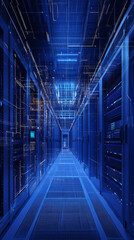 Poster - futuristic server room layout with blue lighting and digital elements