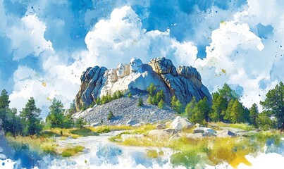 Wall Mural - Watercolor Mount Rushmore National Monument in South Dakota. Summer day with clear skies