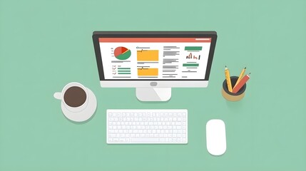 Poster - Analyzing business data on computer screen at office workspace with coffee and stationery