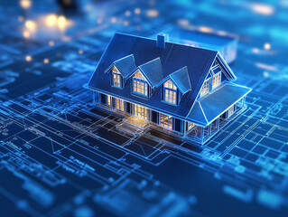 Poster - detailed blueprint of house with illuminated sections, showcasing design