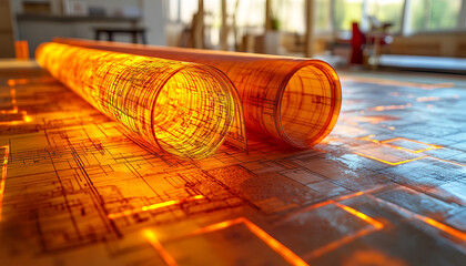 Poster - Close up of illuminated blueprints showcasing intricate designs and details