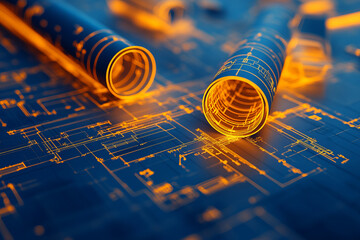 Poster - close up of blueprints with highlighted sections, showcasing intricate designs