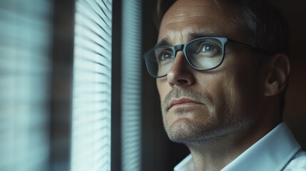 Poster - A man with glasses observes the world outside as soft morning light filters through blinds. His expression shows deep contemplation, suggesting an important decision or reflection on life