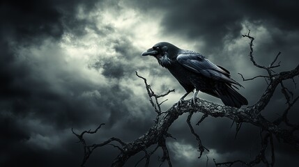 Wall Mural - Raven perched on a dead tree branch against a stormy sky.