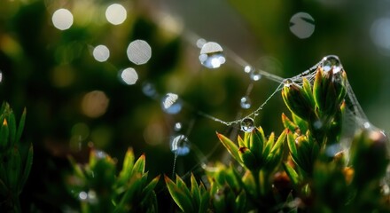 Wall Mural - Morning dew on spiderweb green foliage with bokeh lights