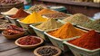 © Prasert - Colorful array of Indian spices on a wooden table, ground nuts, colorful powders