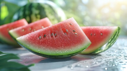 Poster - closeup of juicy watermelon slices with vibrant colors and fresh droplets on a white background show