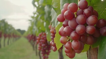Poster - closeup of ripe red grapes among green leaves in a picturesque vineyard setting under soft natural l