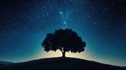 Poster - stunning silhouette of a lone tree against a starry night sky with a glowing horizon and celestial b