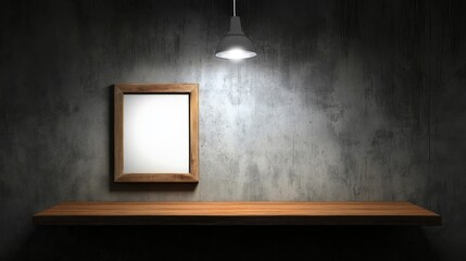 Poster - empty wooden shelf with a framed picture on grey textured wall illuminated by a pendant light creati