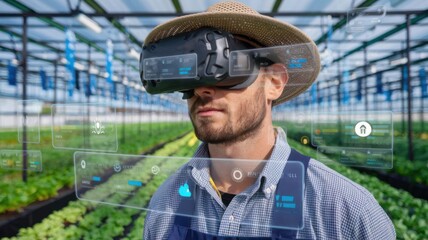 Poster - A man using virtual reality in a greenhouse to enhance agricultural practices.