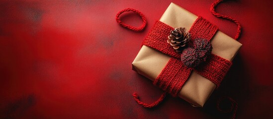 Sticker - Gift box adorned with natural accents on a vibrant red background creating a festive atmosphere perfect for holiday promotions and messages