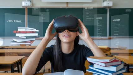 Poster - A student using virtual reality in a classroom setting surrounded by books.