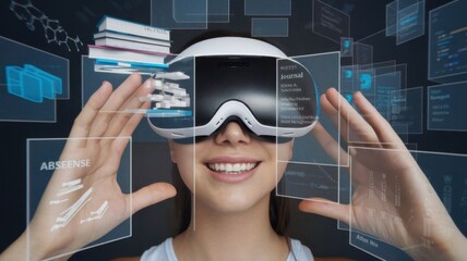 Poster - A smiling person wearing a VR headset, surrounded by digital information and graphics.